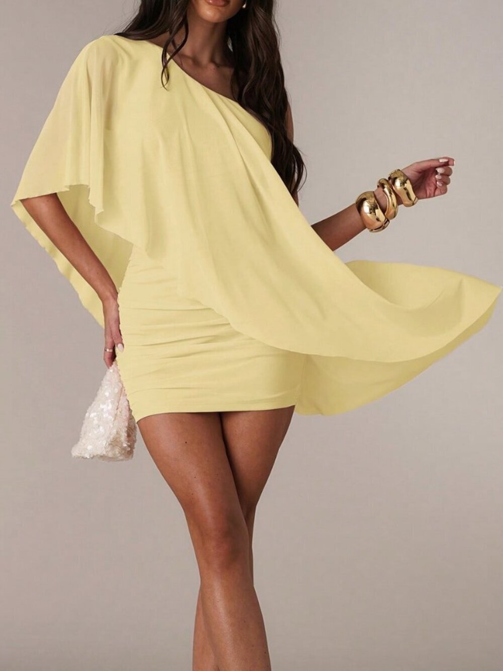 Yellow Casual Women's Asymmetrical Draping Mini Bodycon Dress